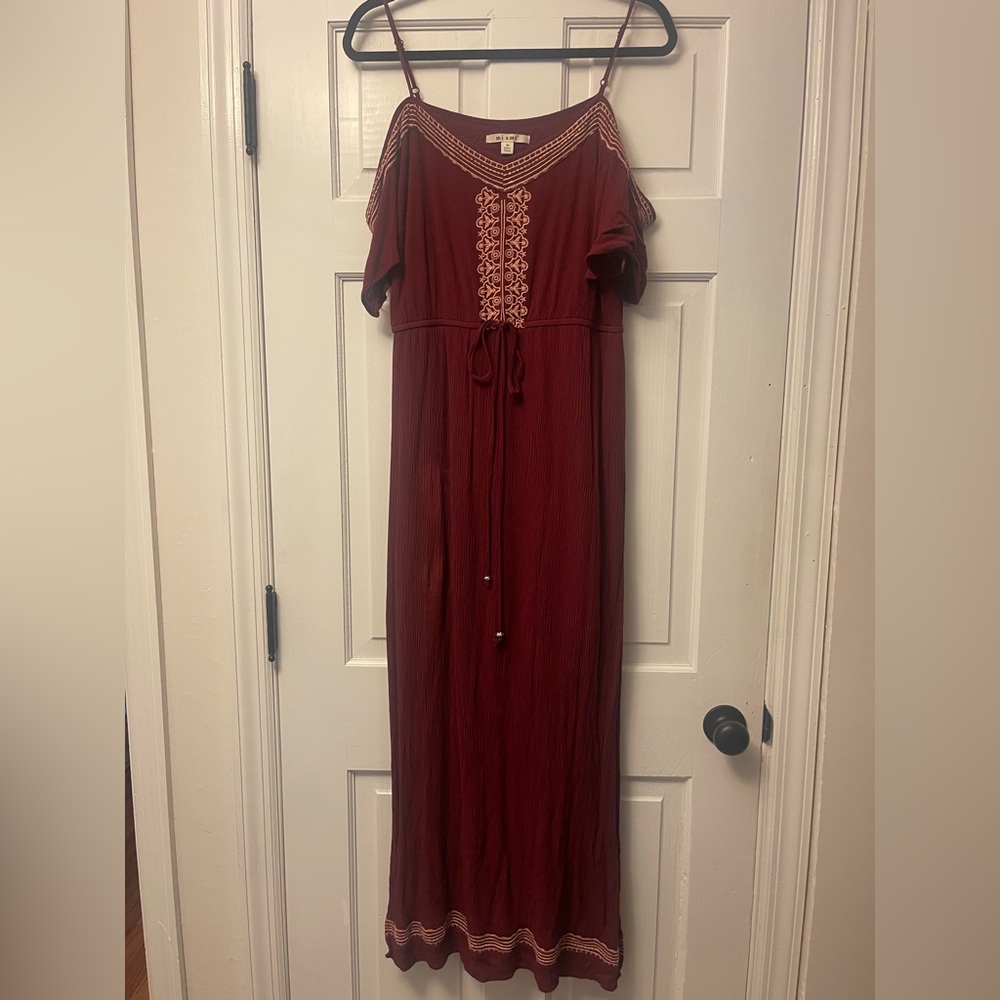 Miami Deep Red Maxi Dress with Embroidery and cold shoulder flutter sleeves
